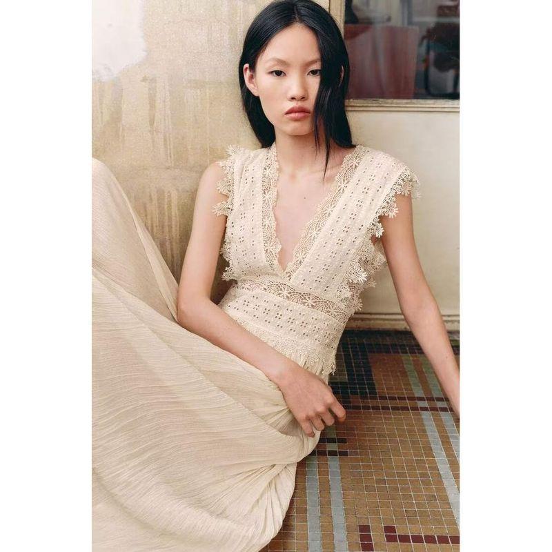 Za Autumn New Arrivals Women's Clothing Zr European and American Style Fashion Lace V-Neck Tie Strap Dress 6895249