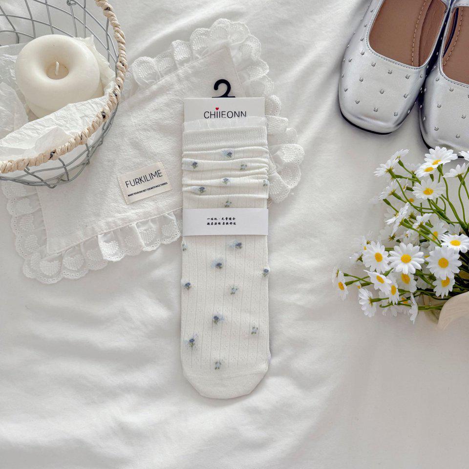 

Japanese Retro Floral Mid-Calf Lace Trim Socks - Spring/Summer School Style Piled-Up Socks One Size