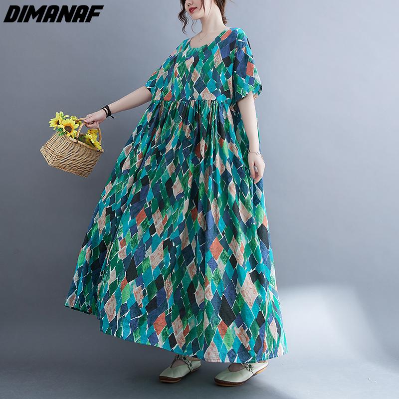 DIMANAF kobiety sukienka letnia Plus rozmiar plażowa sukienka lniana czeski nadruk kwiaty moda Lady Vestidos luźna długa sukienka na co dzień Oversize 9063
