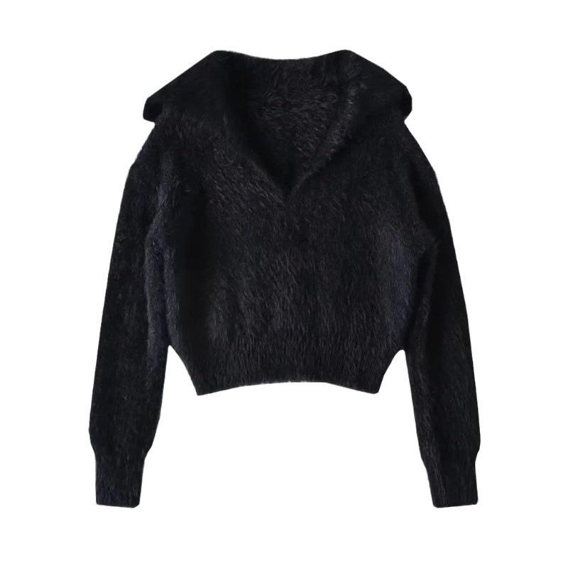 

QICED Свитер с лацканами Женский Имитация норки Осень и Зима Мода Свободный С высокой талией Короткий Мягкий Восковой Свитер Тренд Uniform size чёрный