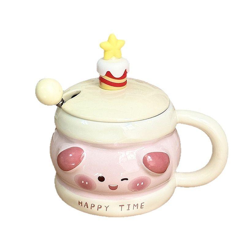 Birthday Gift Ceramic Mug with Lid Spoon Cartoon Water Cup Souvenir Gift Cup Office Home Coffee Cup Women
