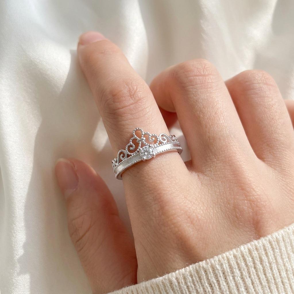 Anello S925 Argento a Forma di Cuore con Corona e Diamante - Regolabile Romantico Accessorio di Lusso