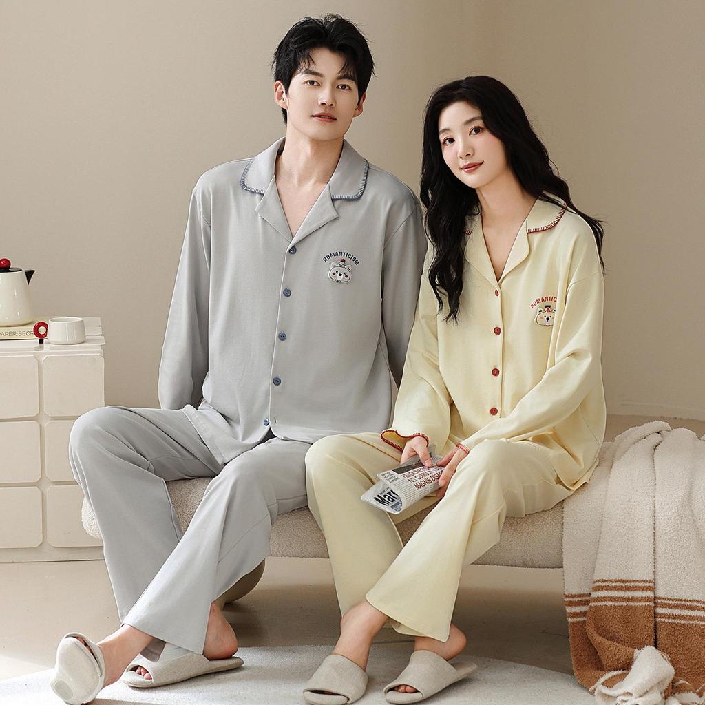 Spring & Autumn Couple's Pajamas - Tencel Lyocell Cotton Cardigan Style, Long Sleeve Casual Home Wear Set for Men & Women