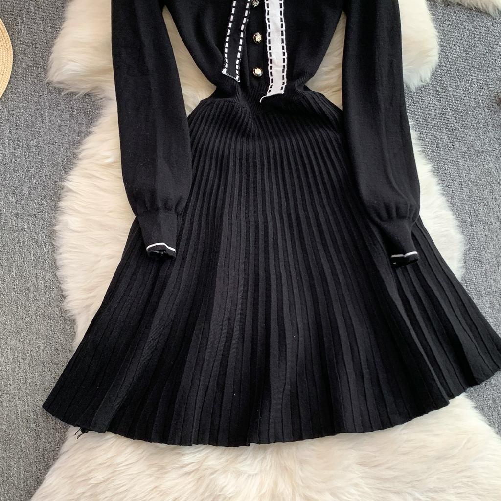 Spring Autumn Women College Stle Polo Color Full Sleeve Bowtie Knitted Sweater Mini Short Pullover Pleated Dresses