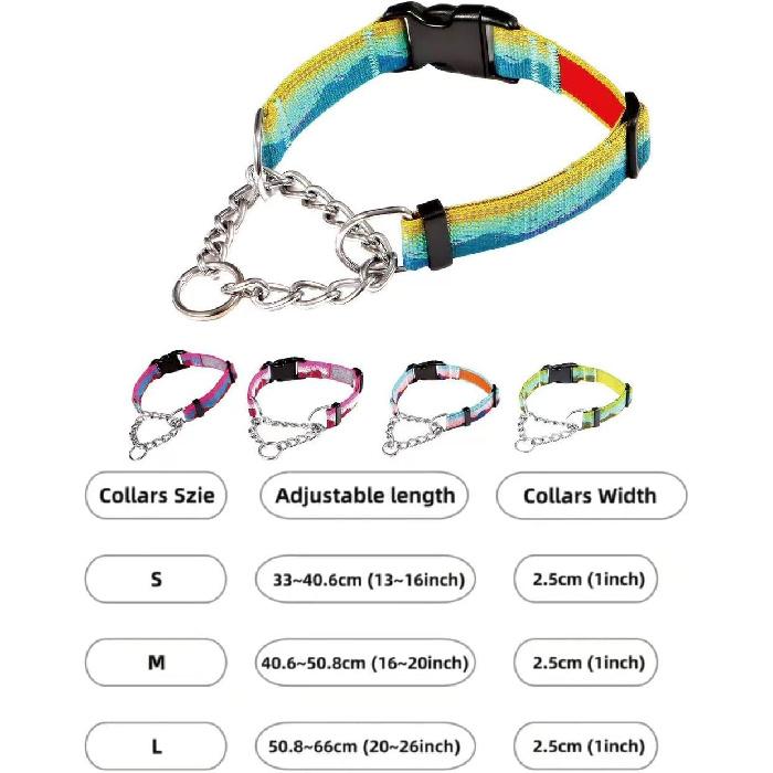 Martingale Dog Collars with Stainless Steel Chain, Reflective No Pull Walking Training Collar with Quick Release Buckle, Adjustable Slip Chain Nylon