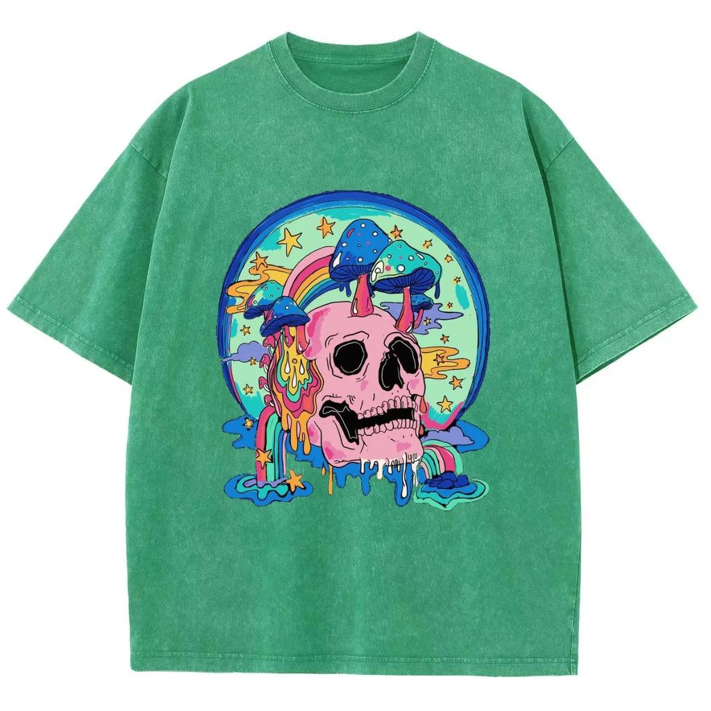 Funny Skull Print Ladies T-Shirt Unisex Wash Loose Oversized Short Sleeve Street Top Tee Summer