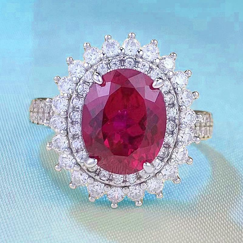 

Luo Xi Temple 2023 Sterling Silver Ring with Pigeon Blood Red Simulated Diamond and Pavé Flower Cluster. Size 6