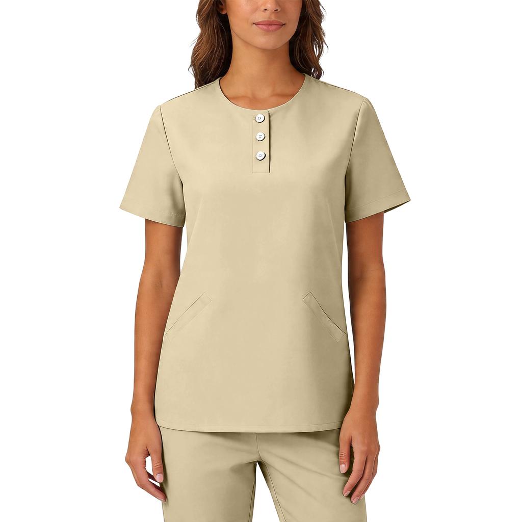 Womens Stretchy Quick Dry V Neck Short Sleeve Top with Pockets Button Front Uniform Blouse for Healthcare Hospitality Service