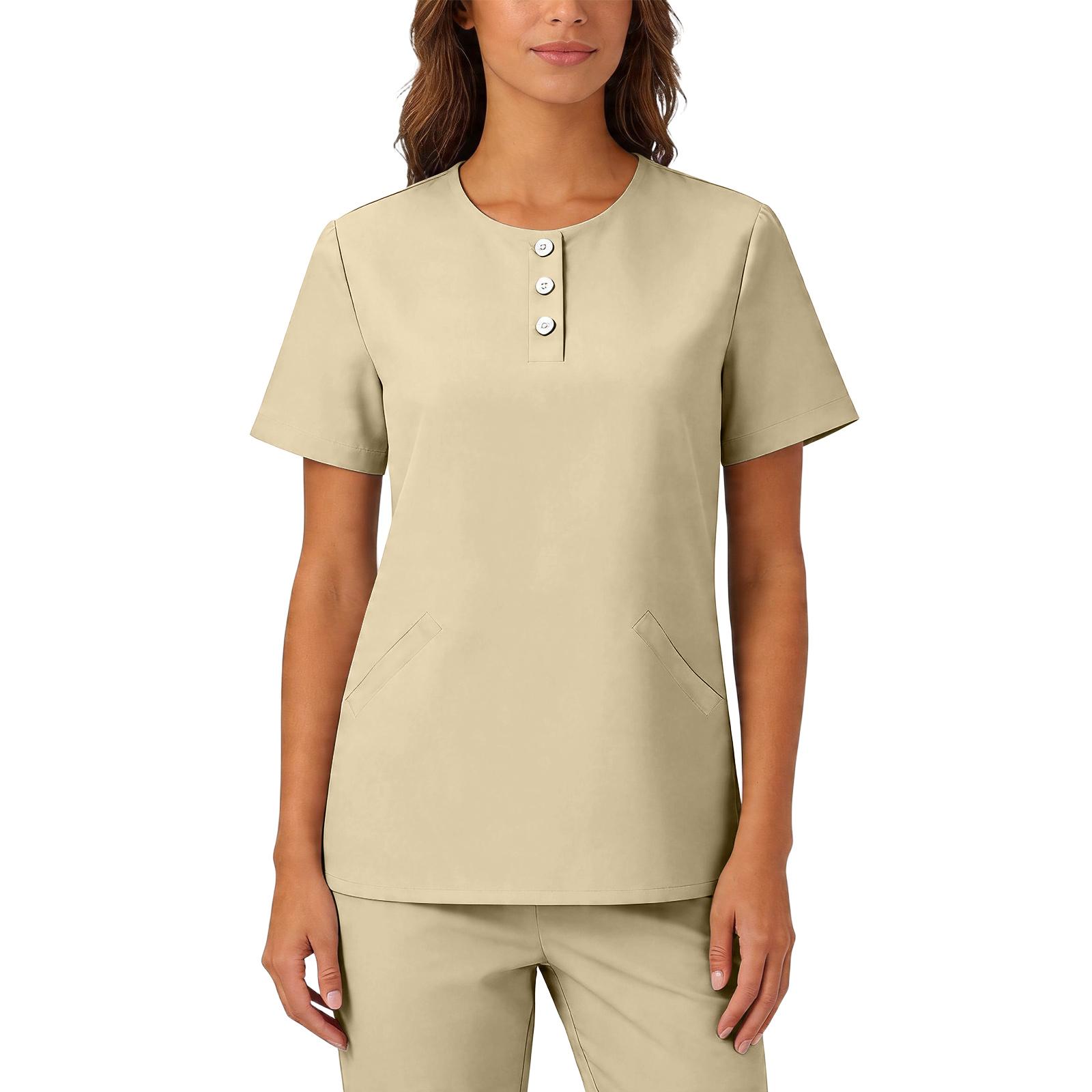 

Womens Stretchy Quick Dry V Neck Short Sleeve Top with Pockets Button Front Uniform Blouse for Healthcare Hospitality Service XL хакі
