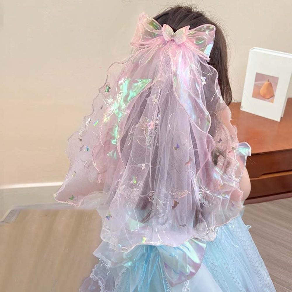 White Girls Head Gauze Bow Super Fairy Veil Fashion Colorful Flowing Tulle Birthday Headdress
