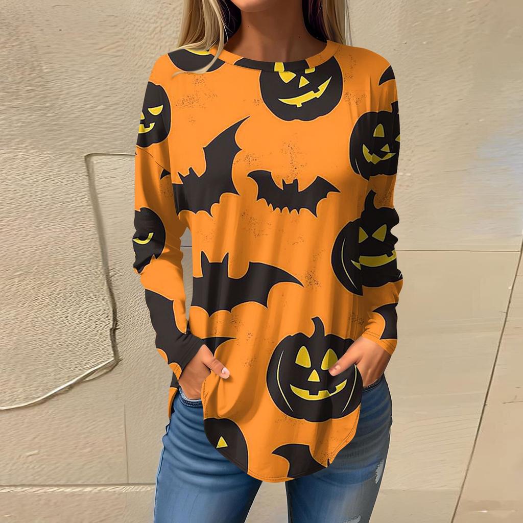 Moda para Mujer Suelto Cuello Redondo Halloween Estampado Manga Larga Camiseta Top Jersey