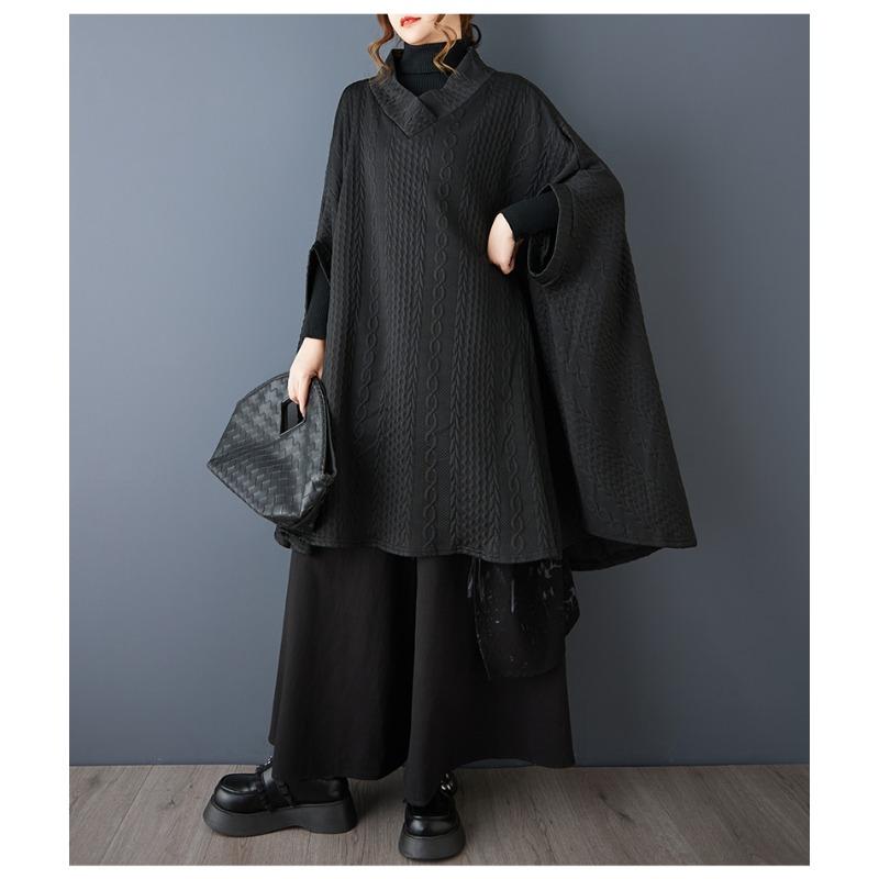 DIMANAF 2025 Podzim Zima Nadměrná velikost Košilové šaty Dámské Dlouhý rukáv Vintage Dámské Volné topy Pulovr Černá