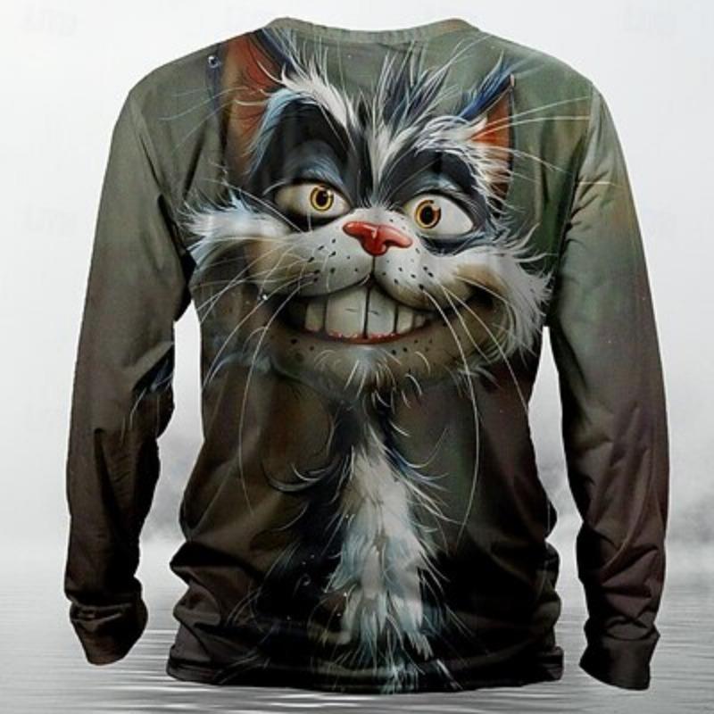 Cat Funny Designer Retro Vintage Men's 3D Print T shirt Tee Casual T shirt Long Sleeve Crew Neck Clothing