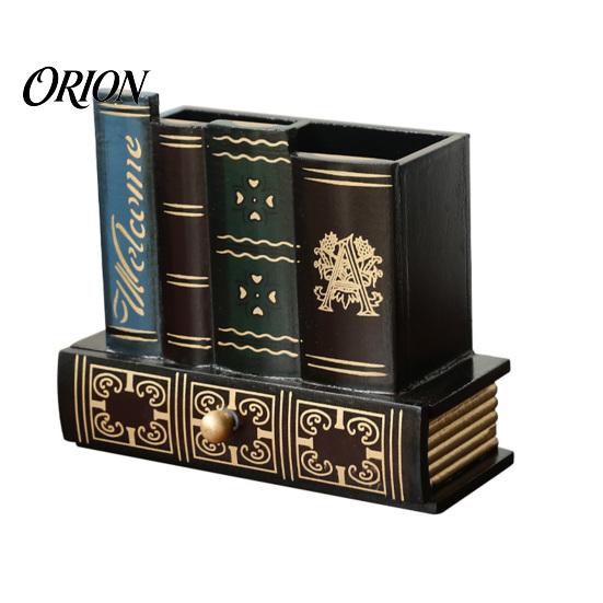 British Style Desk Accessory Wooden Book-Shaped Pen Holder, Retro Organizer with Drawer, Multi Compartment Holder Creative Storage Container for Pens