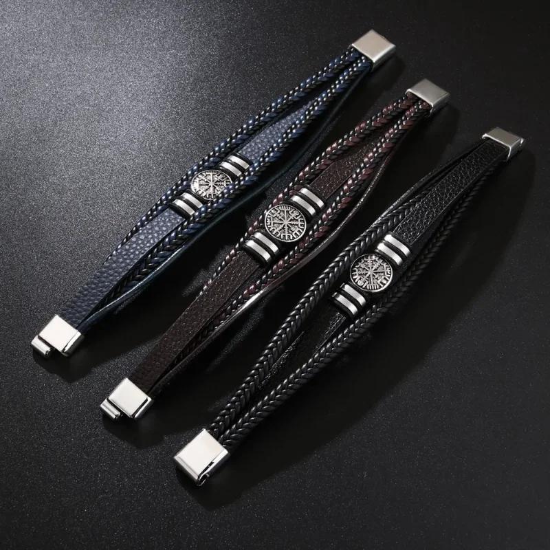 Vintage Punk Men Leather Bracelets for Men Fashion All-match Multi-layer Braided Leather Bracelets Scripture Compass Devil Eye
