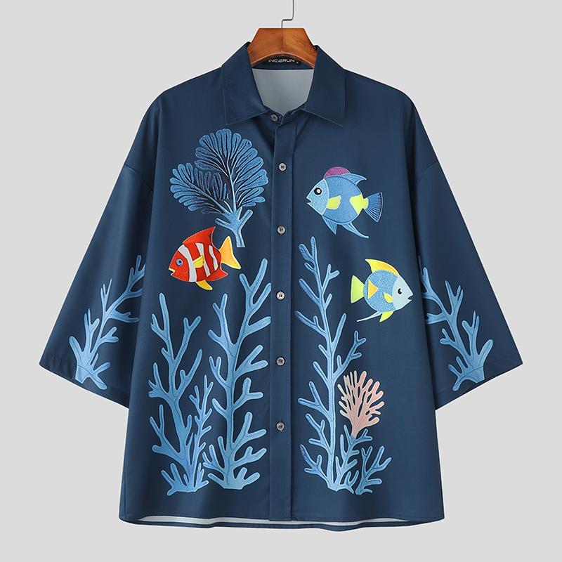 INCERUN Men Lapel Half Sleeve Floral Print Casual Loose Oversized Shirts