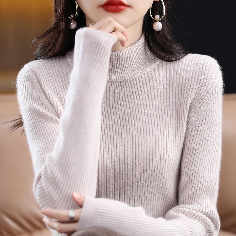 Women's Slim-Fit High-Neck Wool Base Layer Sweater - Slimming Long-Sleeved Knitwear for Autumn/Winter