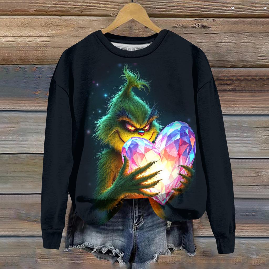 Ladies' Christmas Greentown Print Casual Long Sleeved Round Neck Sports Hoodie Top