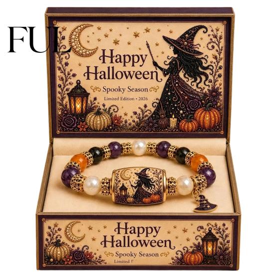Stackable Charm Bracelet Halloween Stretch Beaded with Gift Box, Black Cat Pumpkin Ghost Spooky Theme Party Accessory Crow Witch Hat/Moon Charm,