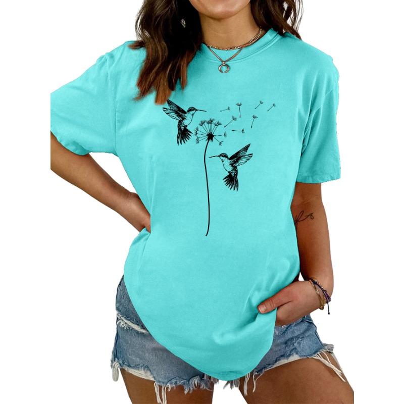 Sommer Rundhals Zwei Vogelmuster Druck Top Modische Lässige Kurzarm Damen T-Shirts