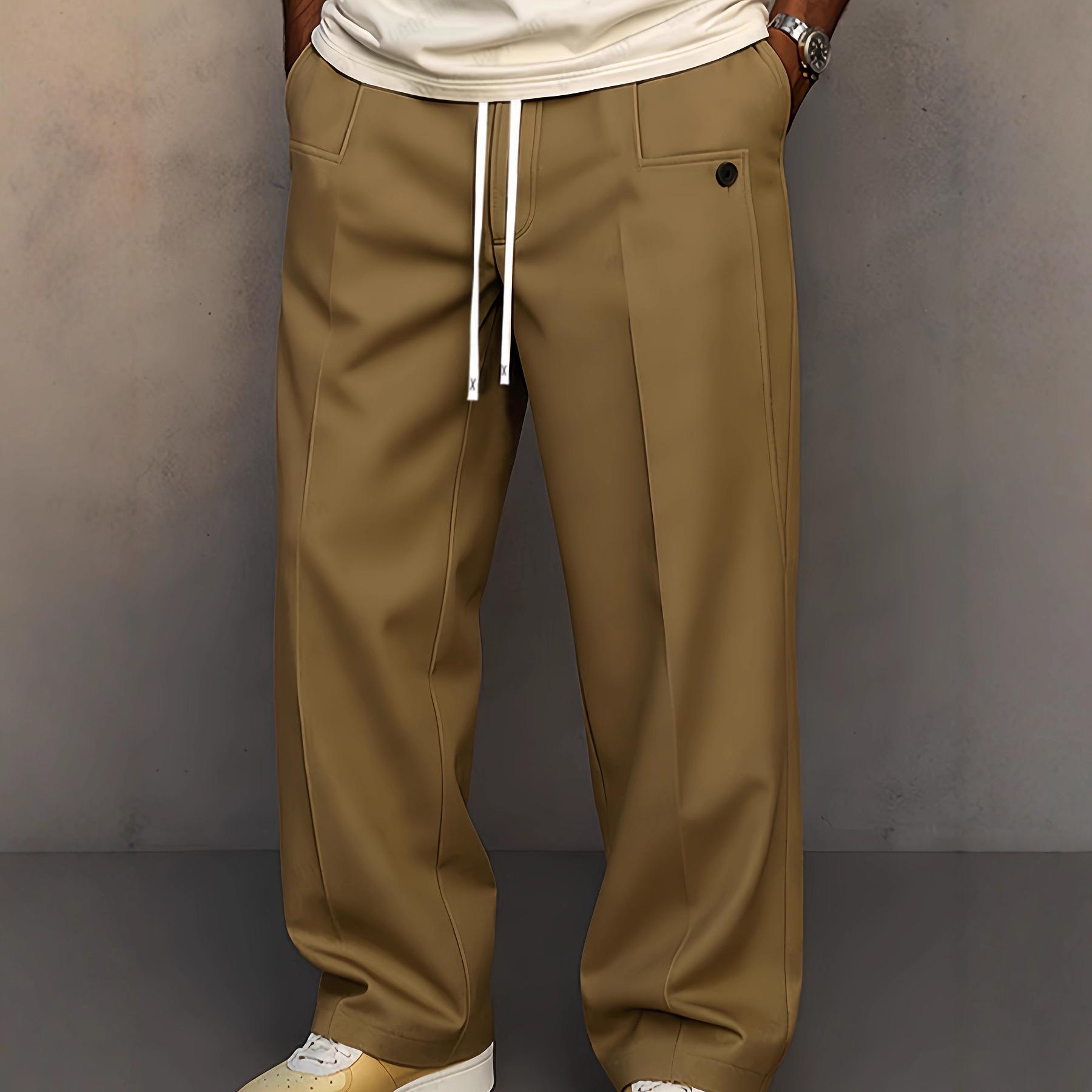 

2026 New Fashion Solid Color Lace-Up Trousers for Men, Casual Loose Straight-Leg Pants M хаки