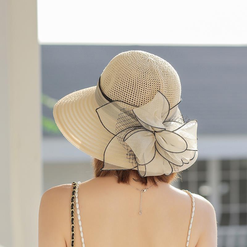 Women's Sun Hat, New Flower Organza Mesh Fisherman Hat, Foldable Vacation Versatile Elegant Sun Hat