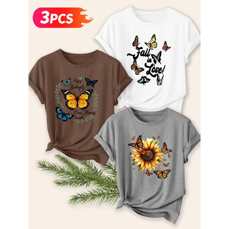 Three-piece Set Elegant Short-sleeved Shirt for Women Butterfly and Sunflower Print Round Neck Women's T Shirt Suitable for Spring