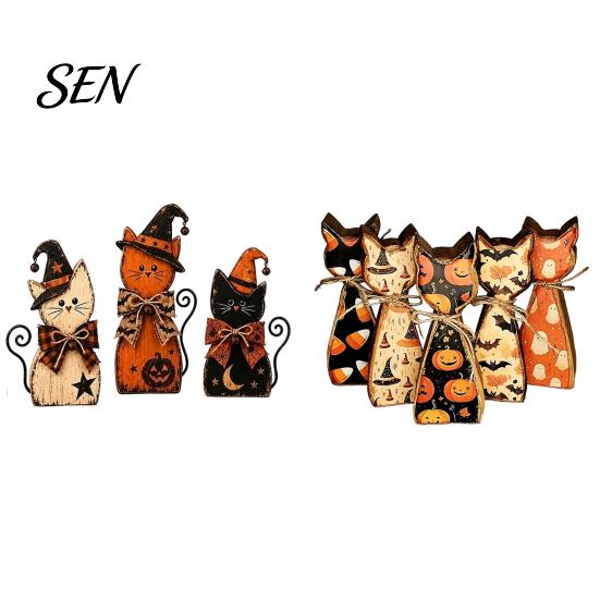 Festive Party Table Centerpieces Rustic Wooden Cat Ornament, Vintage Halloween/Flower Wood Tabletop Signs, Fall Home Decorations Distressed
