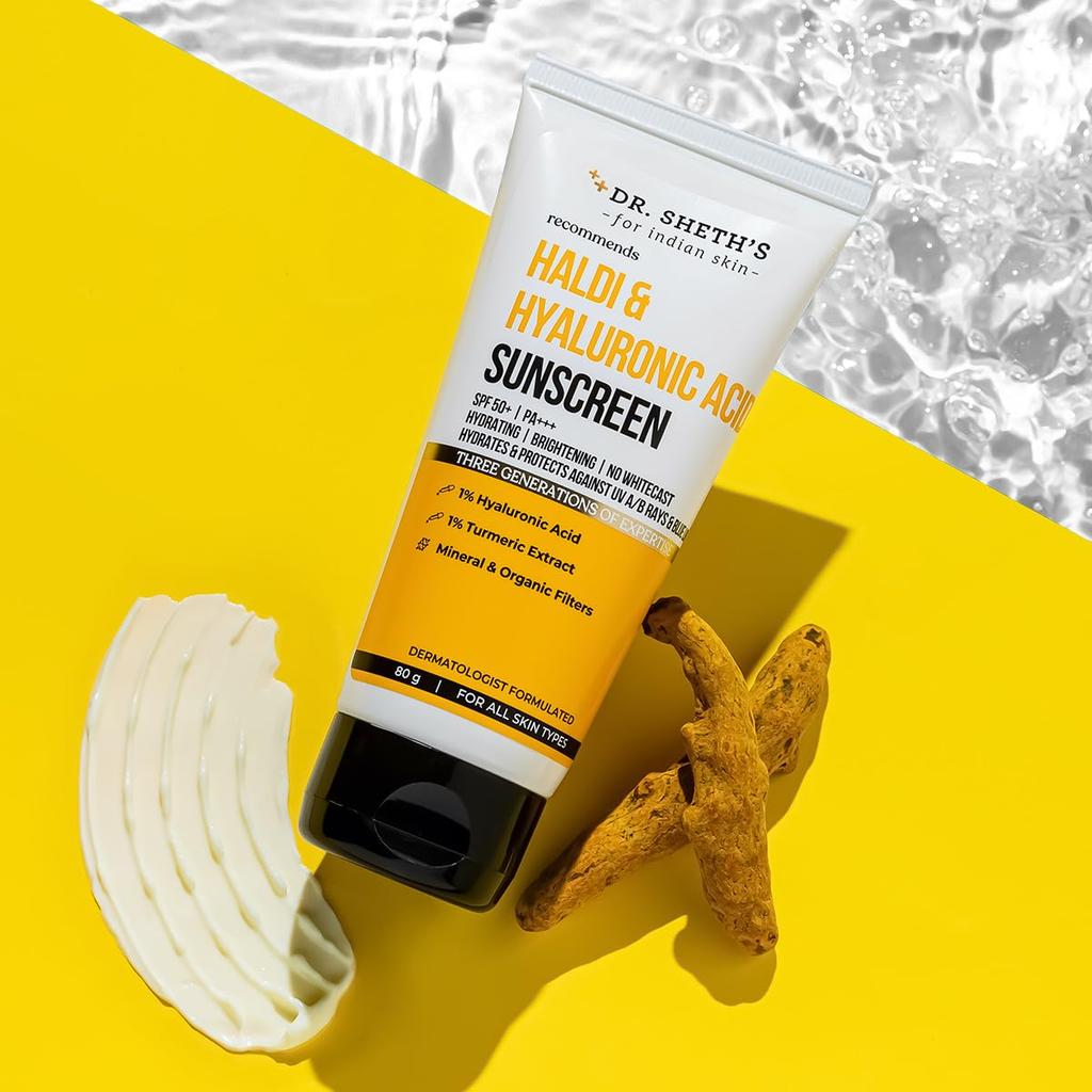 DR. Sheth's Haldi & Hyaluronsäure Sonnenschutz LSF 50+ PA+++ 80 g Feuchtigkeitsspendender Aufhellender Sonnenschutz