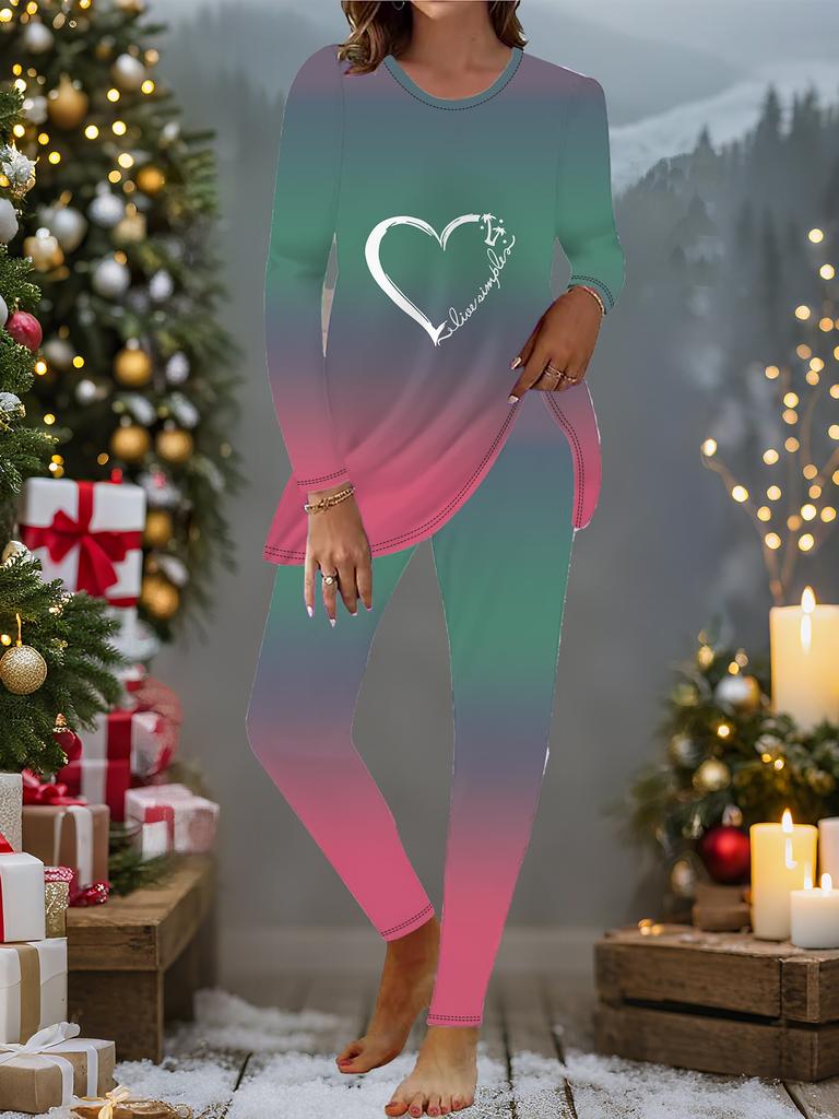 Moda Euroamerykańska Damski Zestaw Dwuczęściowy T-shirt z Długim Rękawem na Cztery Pory Roku z Nadrukiem 3D Love + Długie Spodnie. Idealny prezent na Nowy Rok i Boże Narodzenie
