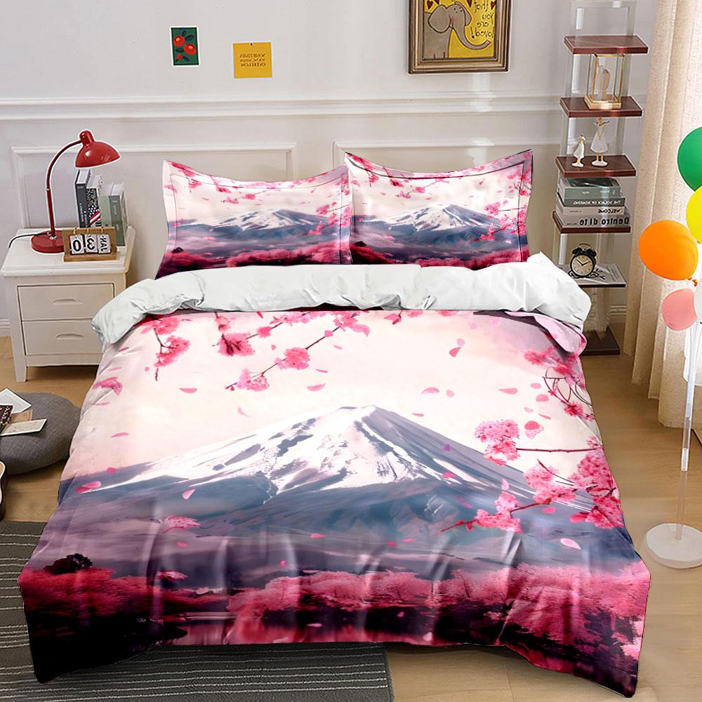 Cherry Blossom Mountain Art Set Multiple Sizes Kid'S And Adults' Bedroom Exquisite 3Pc Bedding Set, Gift