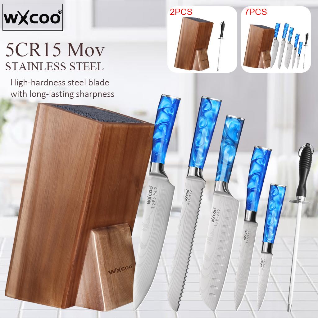 WXCOO Damascus Steel Laser Patterned Chef Knife Cleaver Santoku Knives Kitchen Knife Holder Multifunctional Kitchen Knife Block