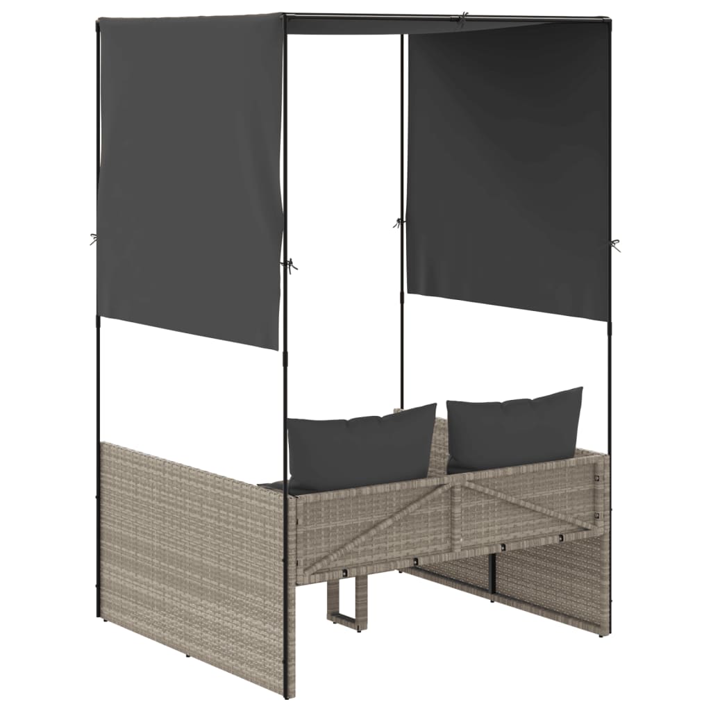 Double Sun Lounger with Canopy and Curtains Light Grey Poly Rattan