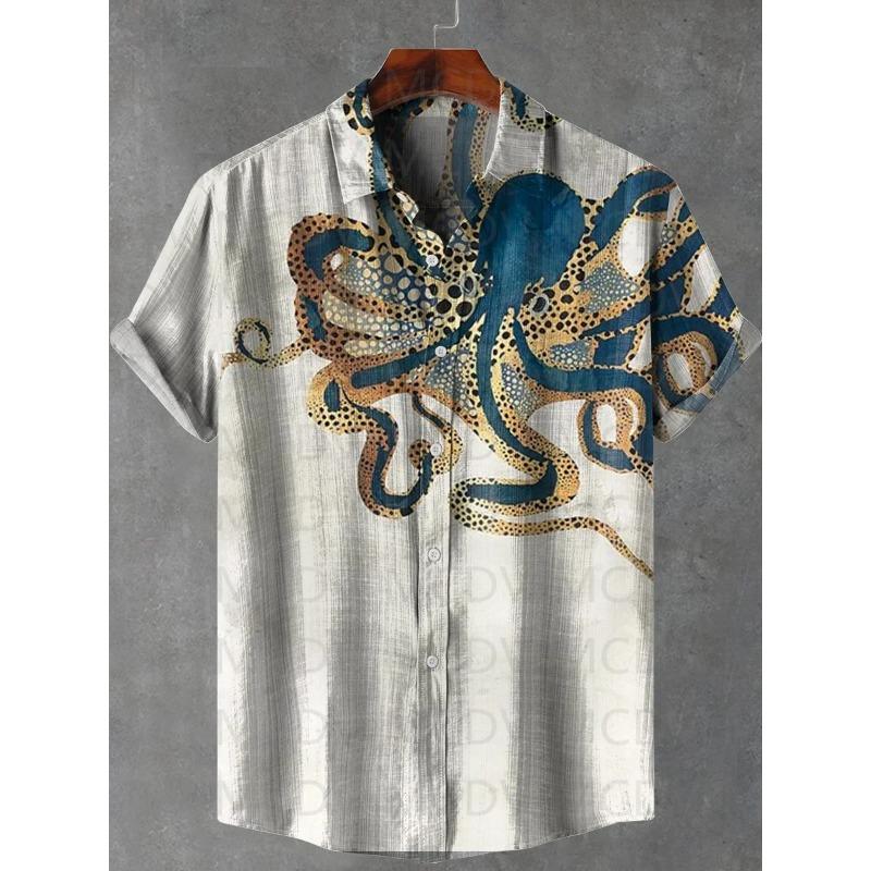 Deep Sea Octopus Art Print Lapel Casual Hawaiian Shirt Printed Style Short Sleeve Casual Shirt Men's