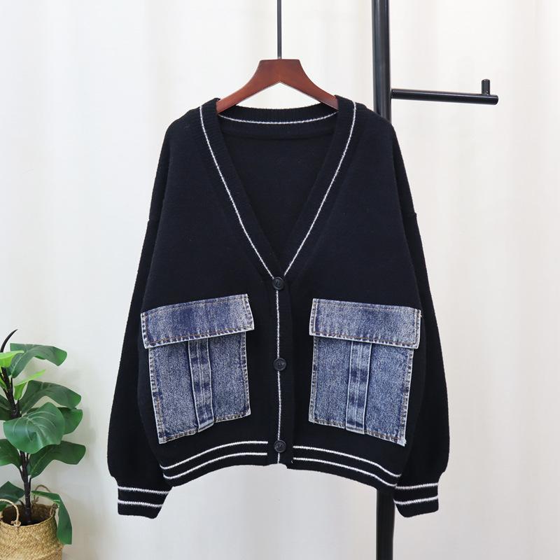 

Кардиган из вязаной двусторонней шерсти с джинсовыми карманами, новинка осени и зимы, свободная куртка-свитер женская one size fits all чёрный