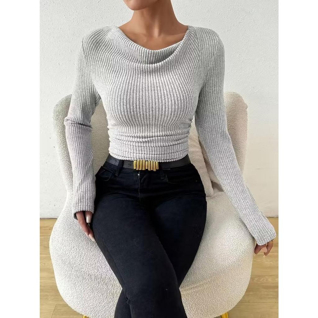 Suéter de Color Sólido para Mujer Otoño Invierno de Punto de Manga Larga Top Casual