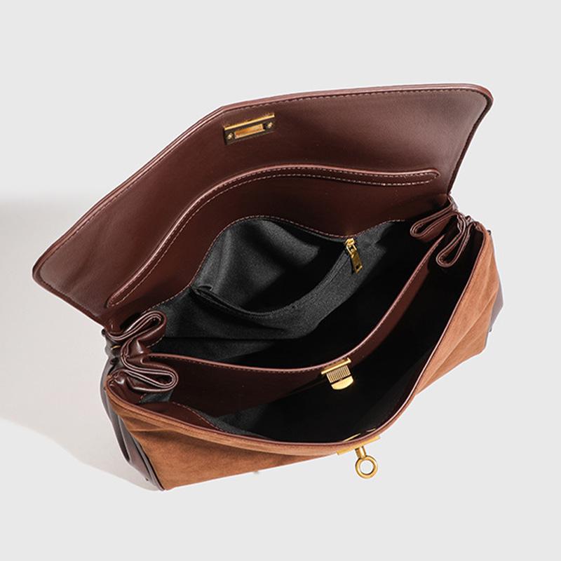 Geräumige Tragetasche mit großem Fassungsvermögen, Schloss, mattbraun, lässige Umhängetasche, Designer-Damen-Wildledertasche