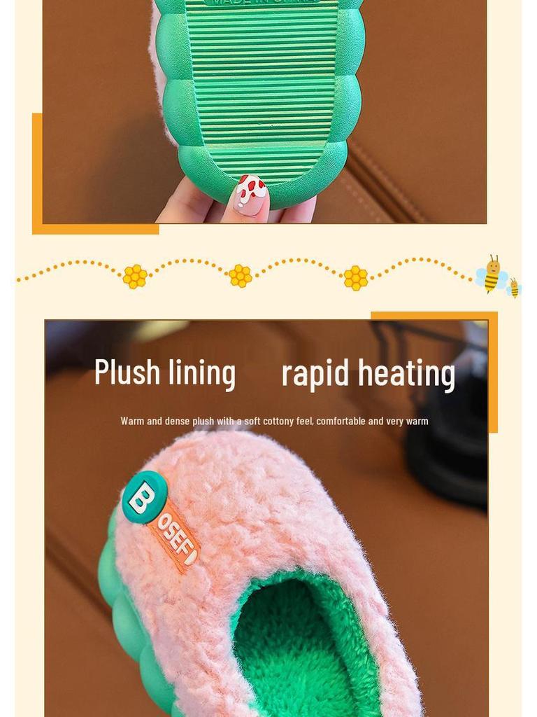 Children's Furry Cotton Slippers for Boys & Girls - Cozy Indoor Shoes for Baby & Parent, Ideal for Autumn & Winter.