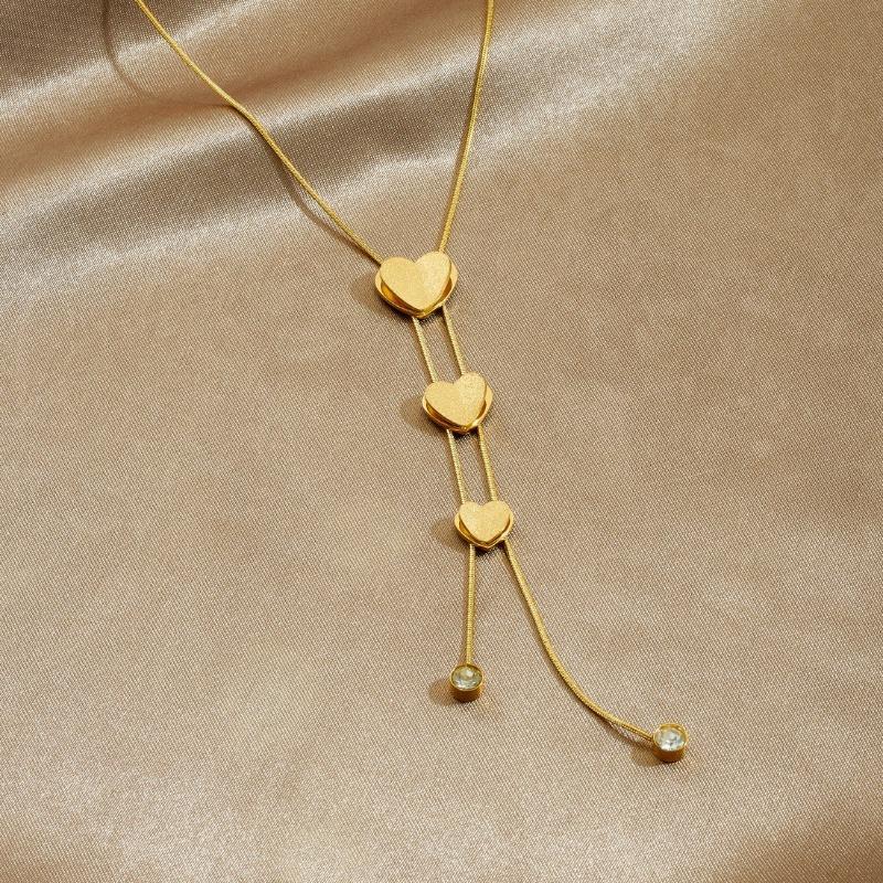 Gold Plated Y-Drop Lariat Necklace with Heart Charms CZ, Dainty Adjustable Snake Chain for Women, Romantic Daily Jewelry