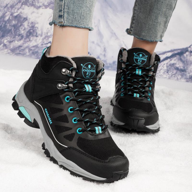 Damen Winterstiefeletten, Schneestiefel aus Samt, lässig, PU, zum Schnüren, warme Baumwollschuhe, groß, hoch, dick, rutschfest, Wanderschuh, Größe 37–42