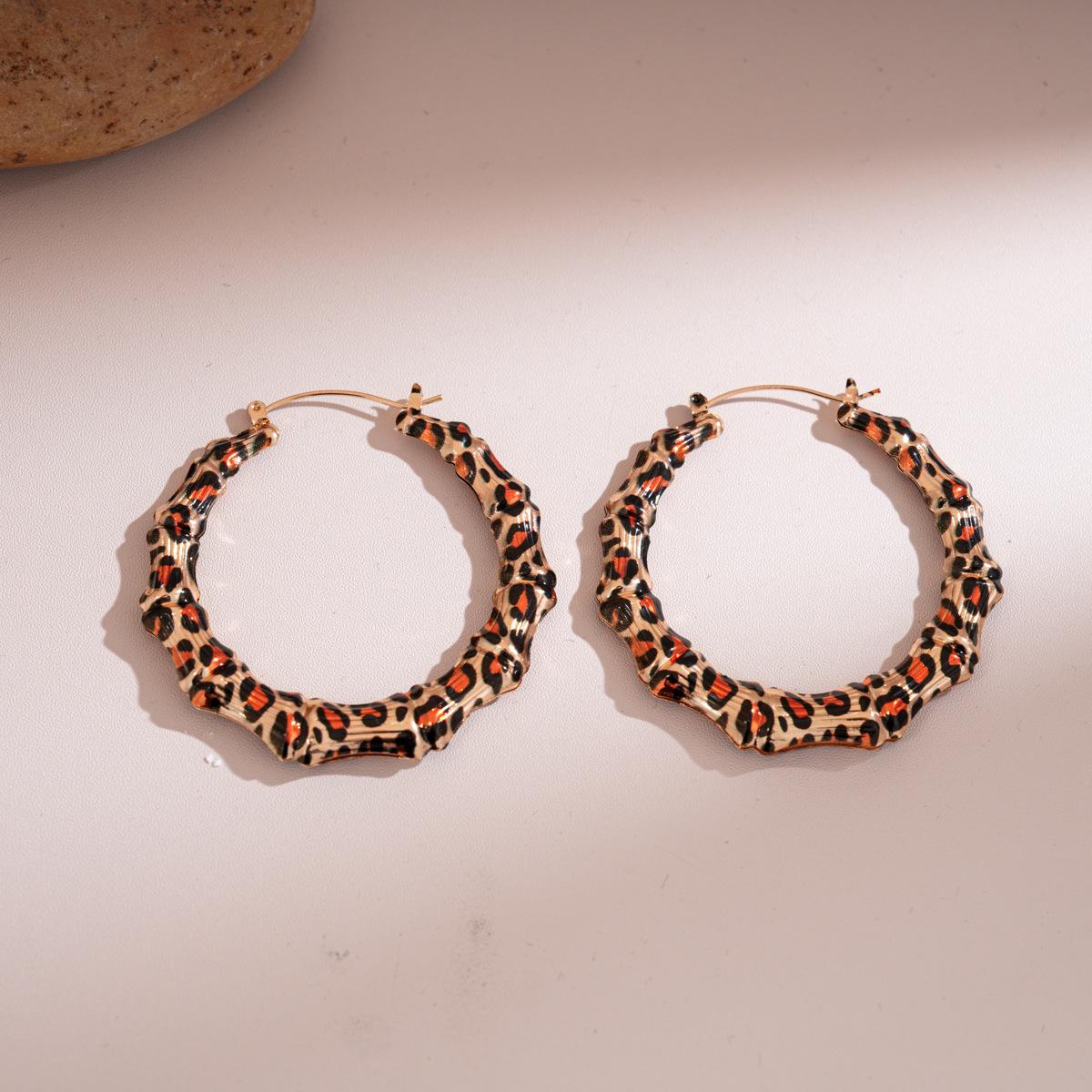 Leopard Print Bamboo Texture Hoop Earrings -Gold Tone Statement Hoop Earrings for Women Trendy Animal Print Fashion Jewelry Gift