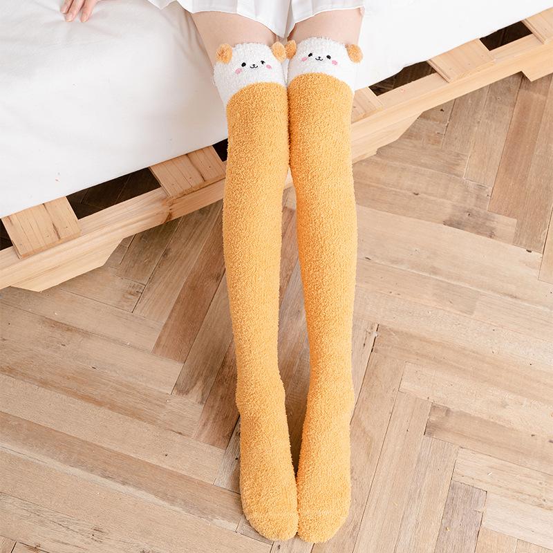 Autumn and Winter Coral Fleece Sleep Socks Thickened and Warm Christmas Gift Cartoon Calf Socks Half-fleece Women's Over-the-knee Socks