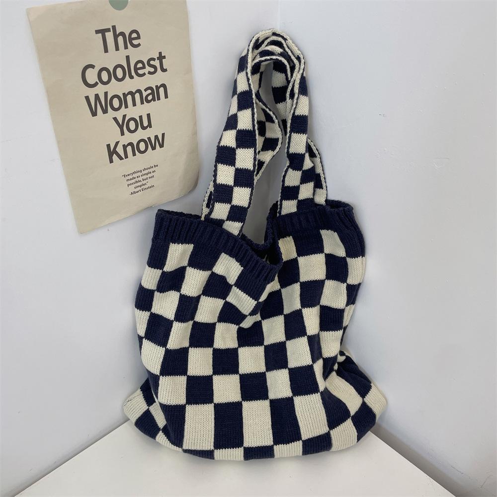 11 Knitted Checkerboard Bag Women's Autumn and Winter New Casual Tote Bag Large-capacity Portable Canvas Bag