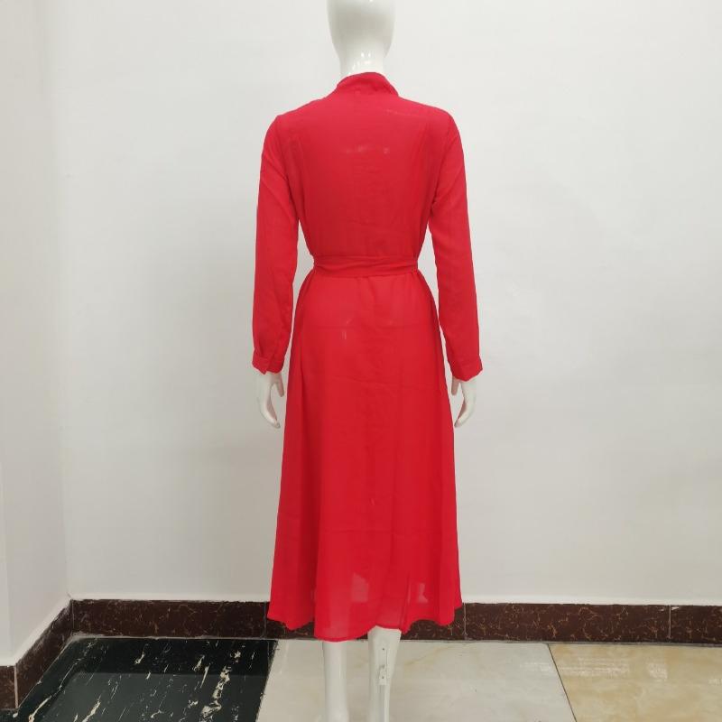 New Fashion Long Sleeve Plus Size Chiffon Dress Women Clothing Solid Button Up Lace-up Midi Loose Dress Woman Elegant Round Neck Casual Dresses 24772