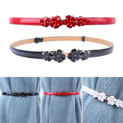 Women Thin Corset Flower Decor Waist Belt Faux Leather Slimming Body Waistband Decorative Skirt Belt