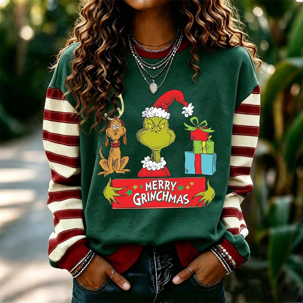 Women's Long Sleeve Neck Pullover Sweatshirt with Christmas Holiday Print for Casual Daily Wear