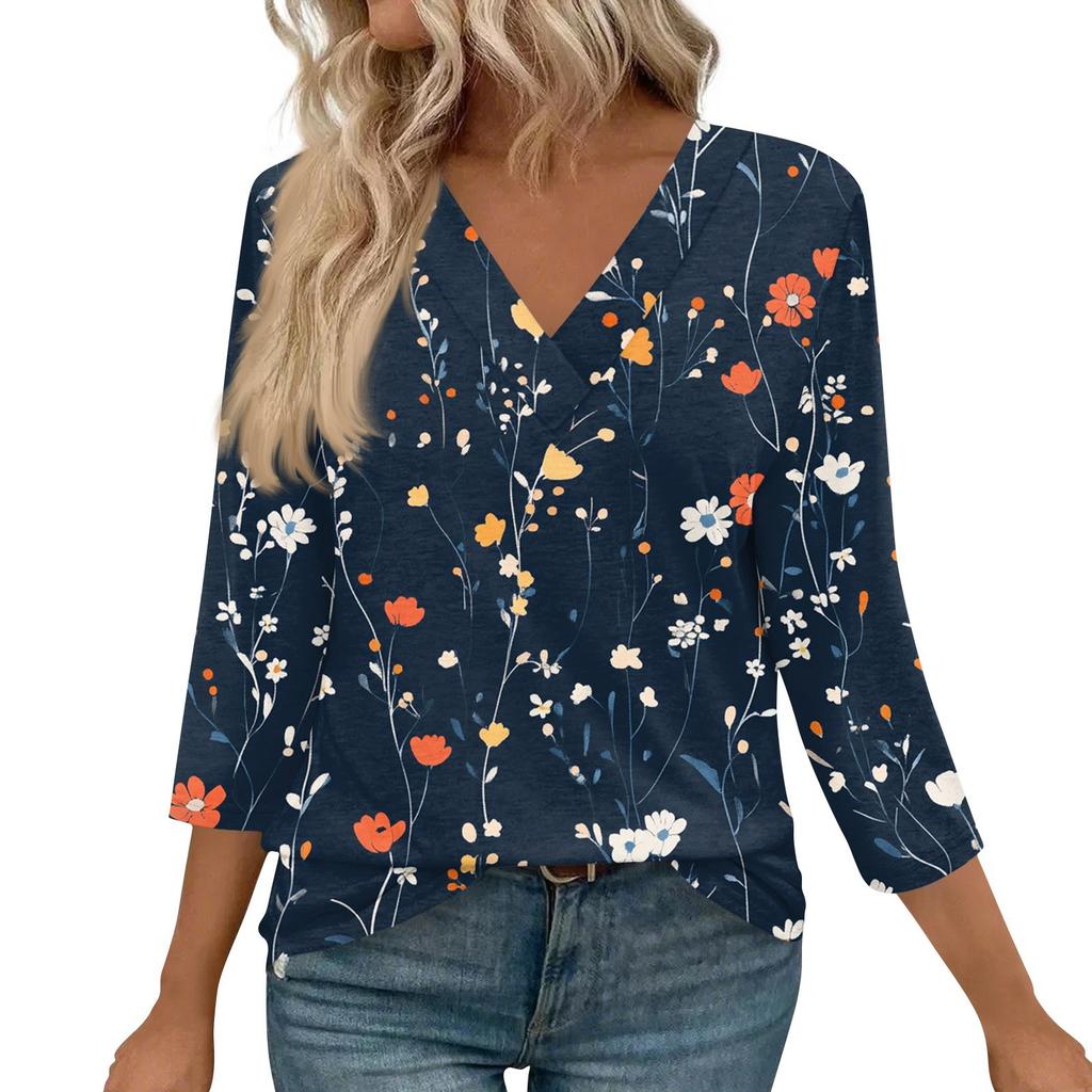3/4 Length Sleeve Womens Tops V Neck Casual Tunic Tops Basic Shirts Loose Fit Blouse
