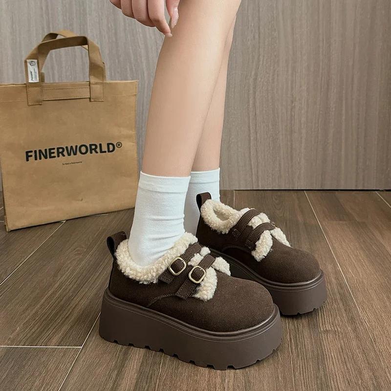 Fashion Women's Thick-soled Loafers Fur Round-toe Casual Sneakers Flat Shoes New Dress Winter Solid Color Keep Warm Breathable Versatile