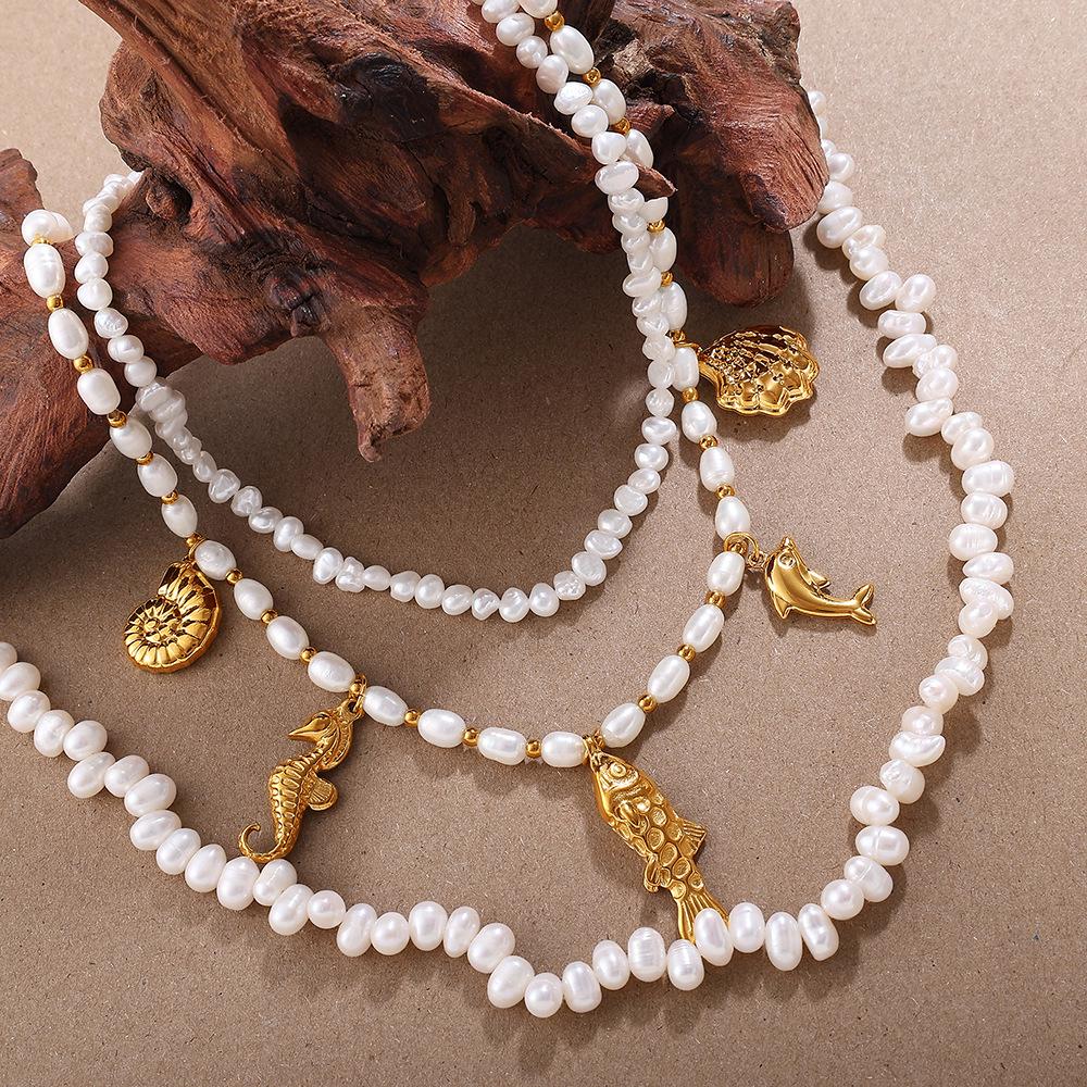 Elegant Pearl and Stainless Steel Beach-Style Necklace & Bracelet Set for Women