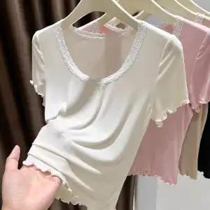 Women's Lace Trim V-Neck T-Shirt Soft Modal Short Sleeve Top